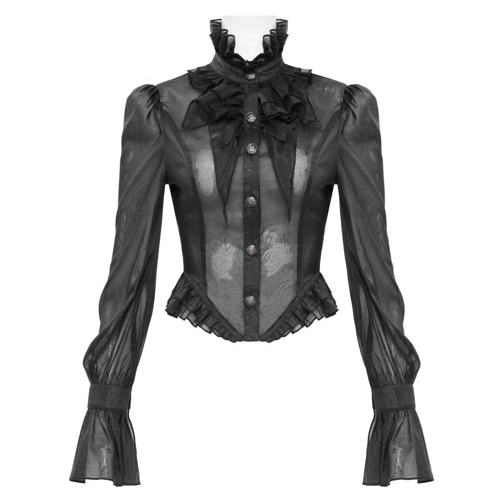 Victorian Lace Ruffled Blouse with Back Corset, elegant gothic high neck design with sheer sleeves.