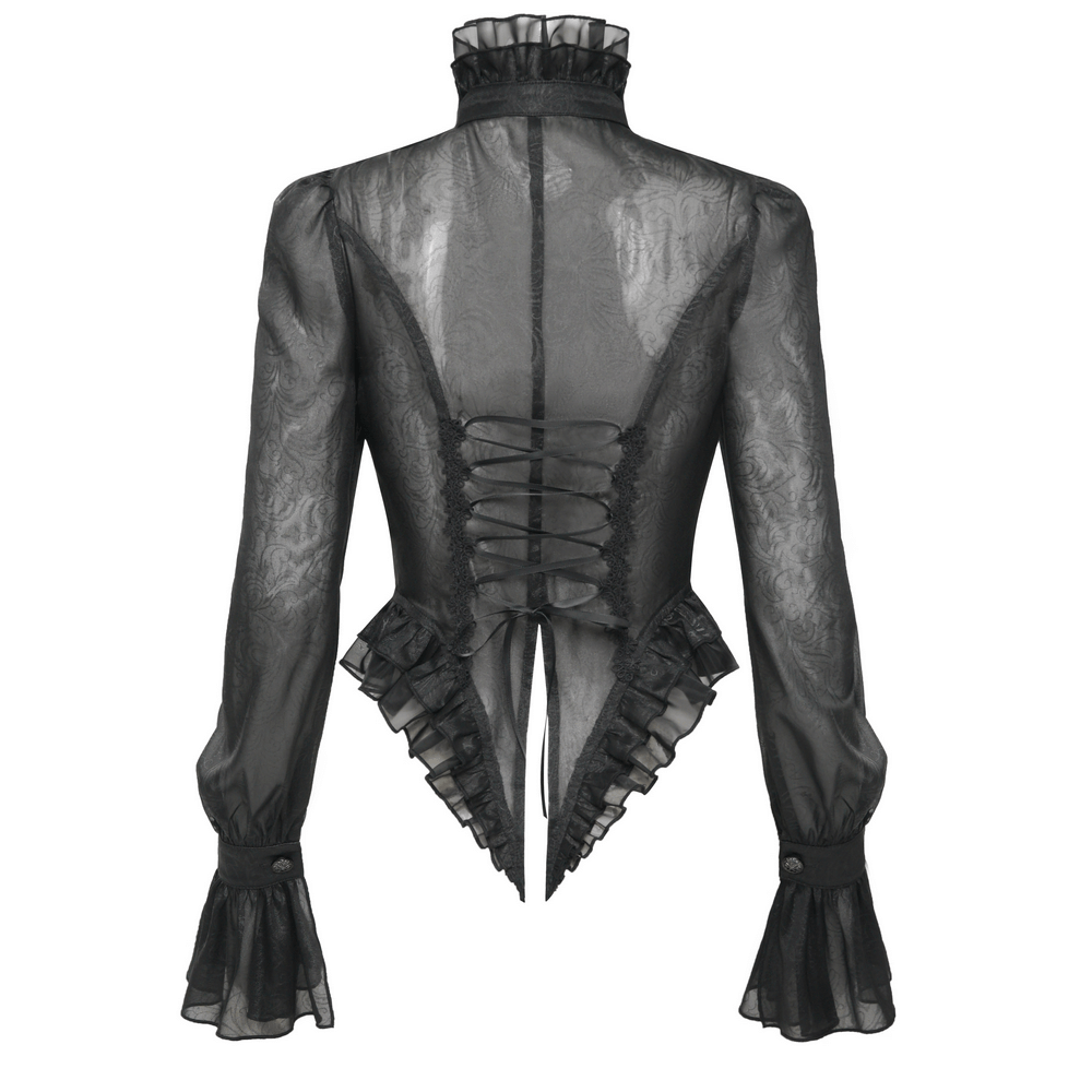 Back view of elegant Victorian lace ruffled blouse with corset and sheer sleeves, perfect for gothic fashion.