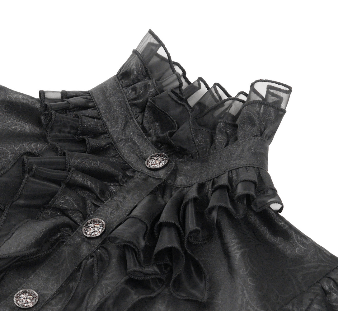 Elegant black Victorian lace blouse with high neck and ruffled details, featuring ornate buttons for a gothic touch.