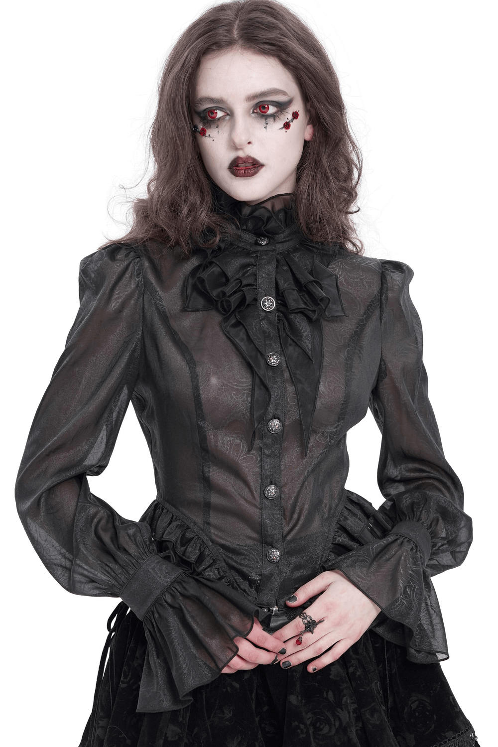 Victorian lace ruffled blouse with back corset, high neck, and sheer sleeves, embodying gothic elegance.