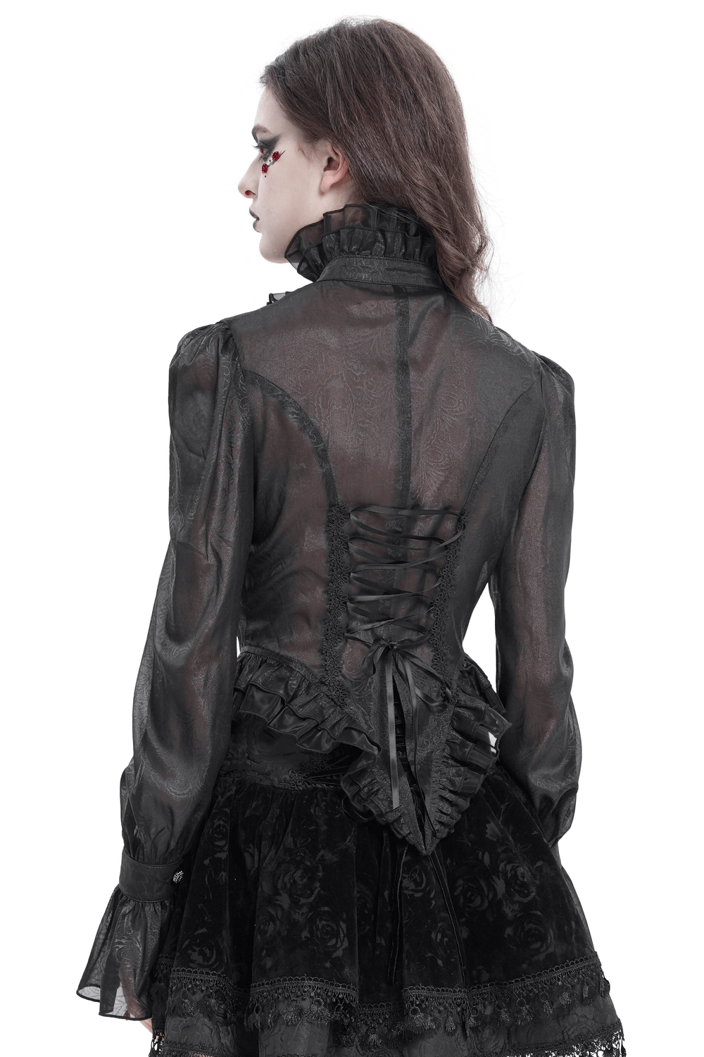 Elegant Victorian lace blouse showcasing back corset and ruffled details, perfect for gothic fashion lovers.