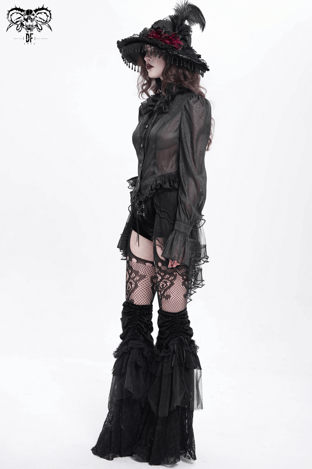 Victorian lace ruffled blouse with corset, paired with gothic hat and stylish fishnet stockings.