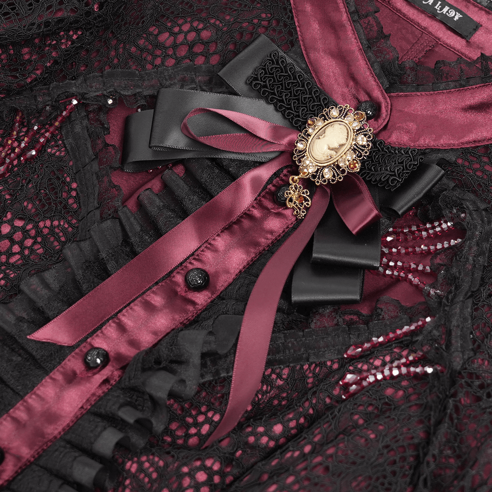 Victorian Lace Ruffled Gothic Cape with Corset Detail featuring deep crimson accents and intricate lace fabric.