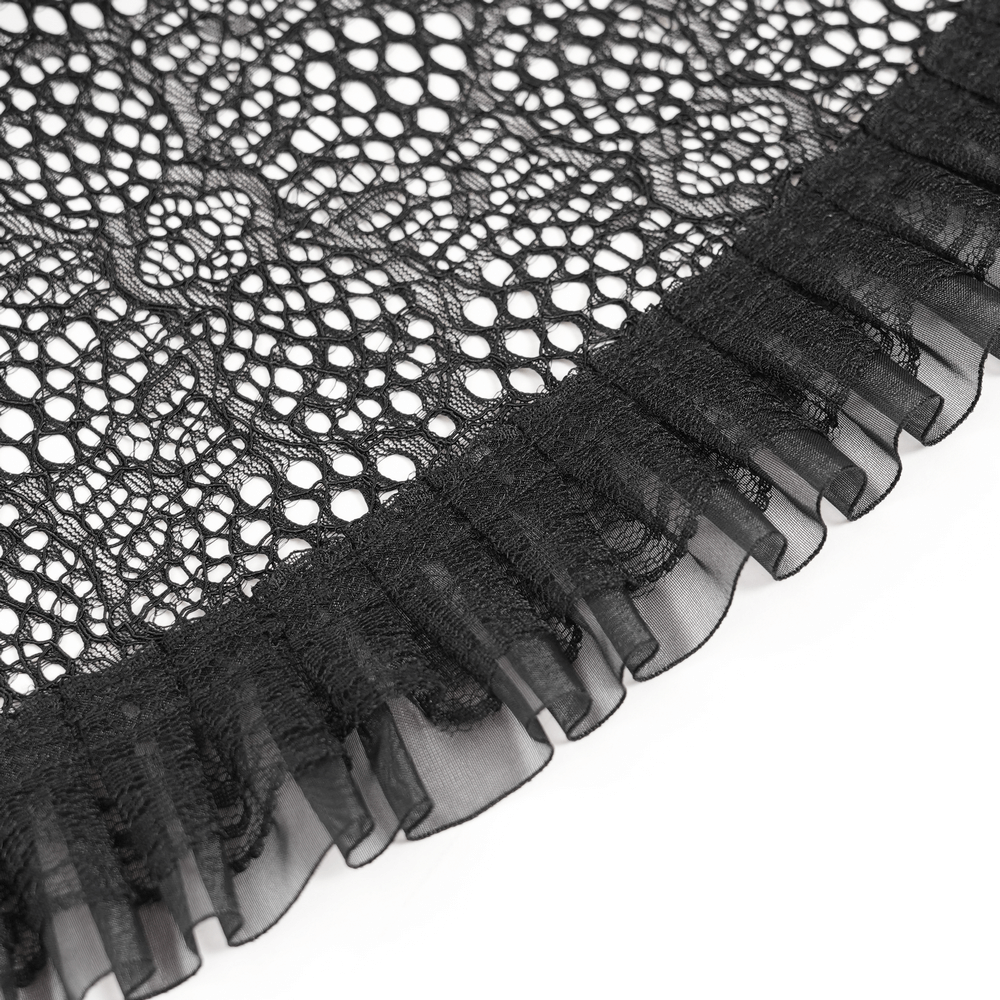 Victorian Lace Ruffled Gothic Cape with Corset Detail close-up showing intricate lace and ruffled trim design.
