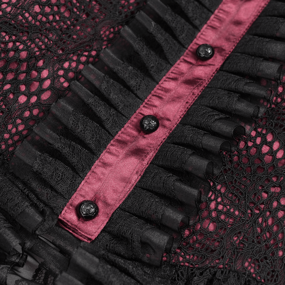 Victorian Lace Ruffled Gothic Cape with Corset Detail fabric close-up featuring ruffles and crimson accents.