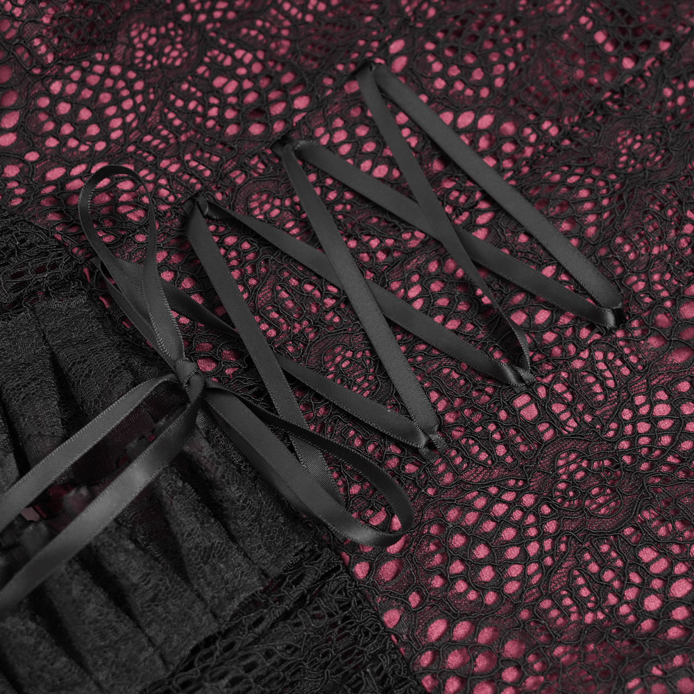 Close-up of the corset detail on the Victorian Lace Ruffled Gothic Cape with Corset Detail, showcasing intricate lace and ribbons.