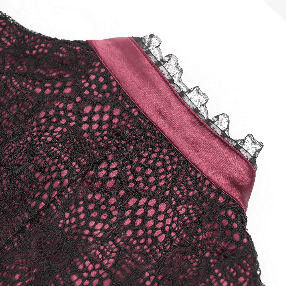 Victorian Lace Ruffled Gothic Cape with Corset Detail close-up showing intricate black lace and deep crimson satin accents.