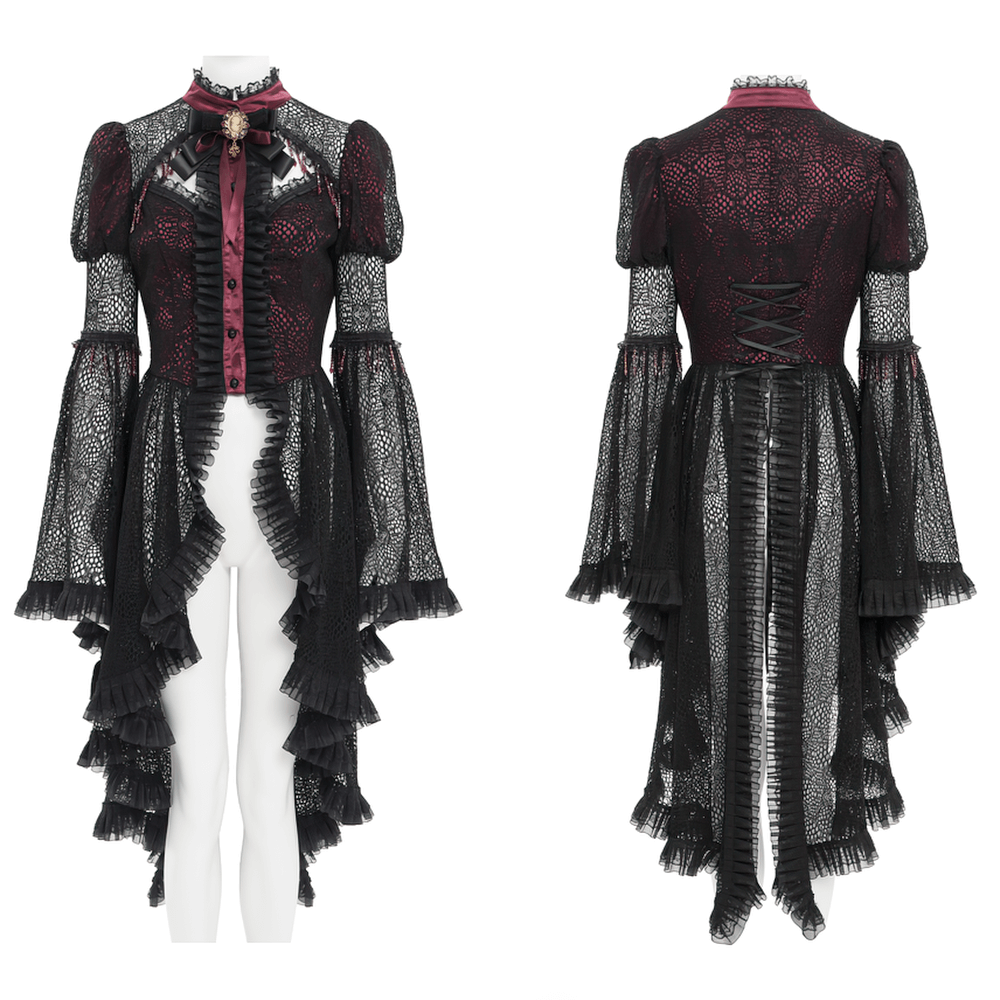 Victorian Lace Ruffled Gothic Cape with Corset Detail featuring intricate ruffles and bell sleeves.