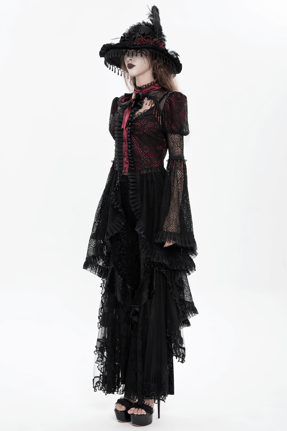 Victorian Lace Ruffled Gothic Cape with Corset Detail displayed on an elegant model in a striking Gothic ensemble.
