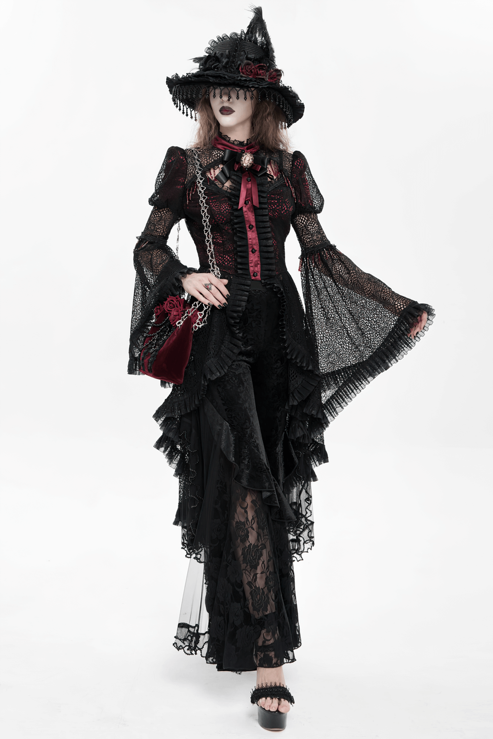 Victorian Lace Ruffled Gothic Cape with Corset Detail, elegant design with ruffles and lace, perfect for alternative outfits.