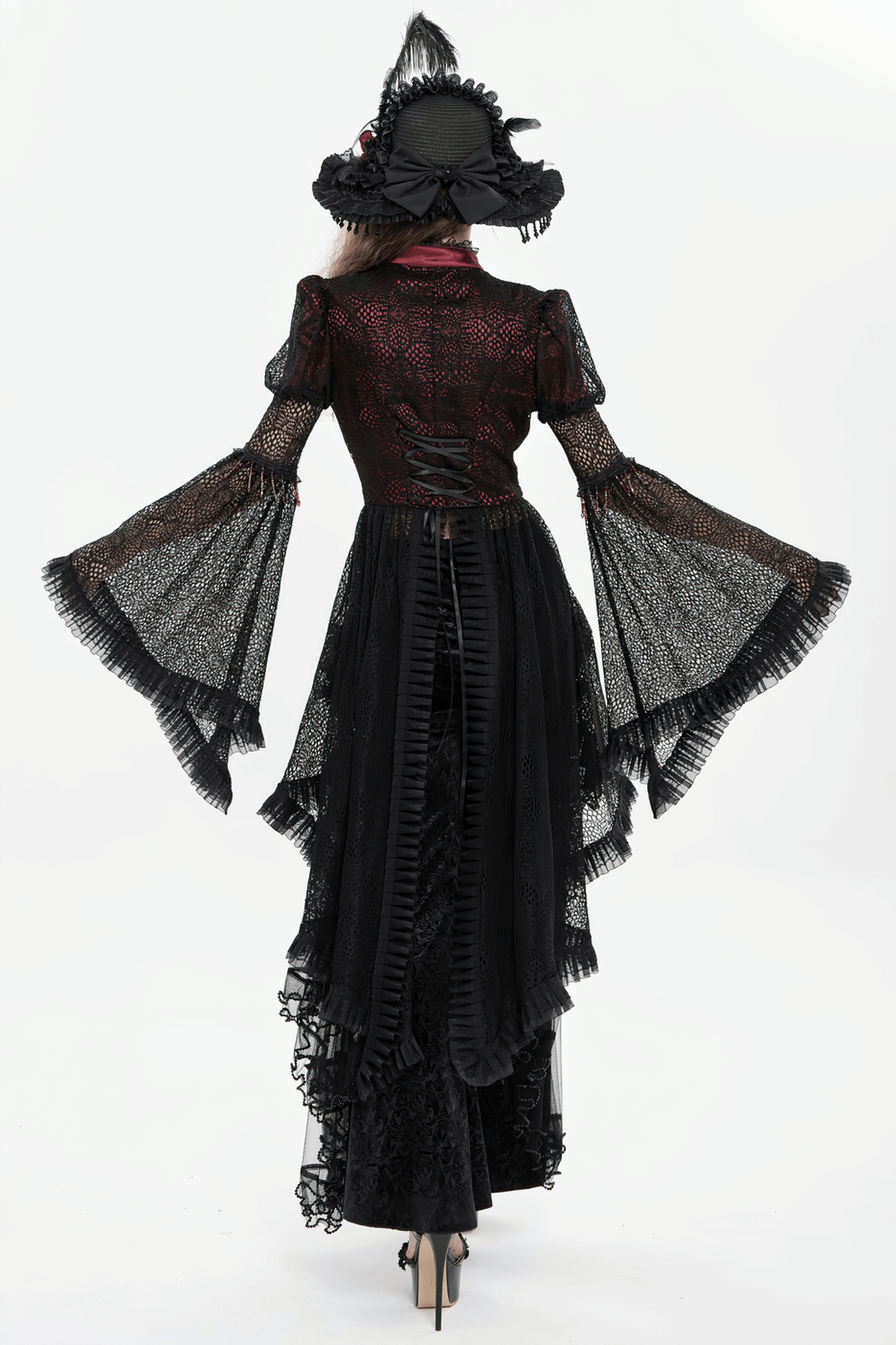 Victorian Lace Ruffled Gothic Cape with Corset Detail, elegant black lace cape with bell sleeves and corset back.