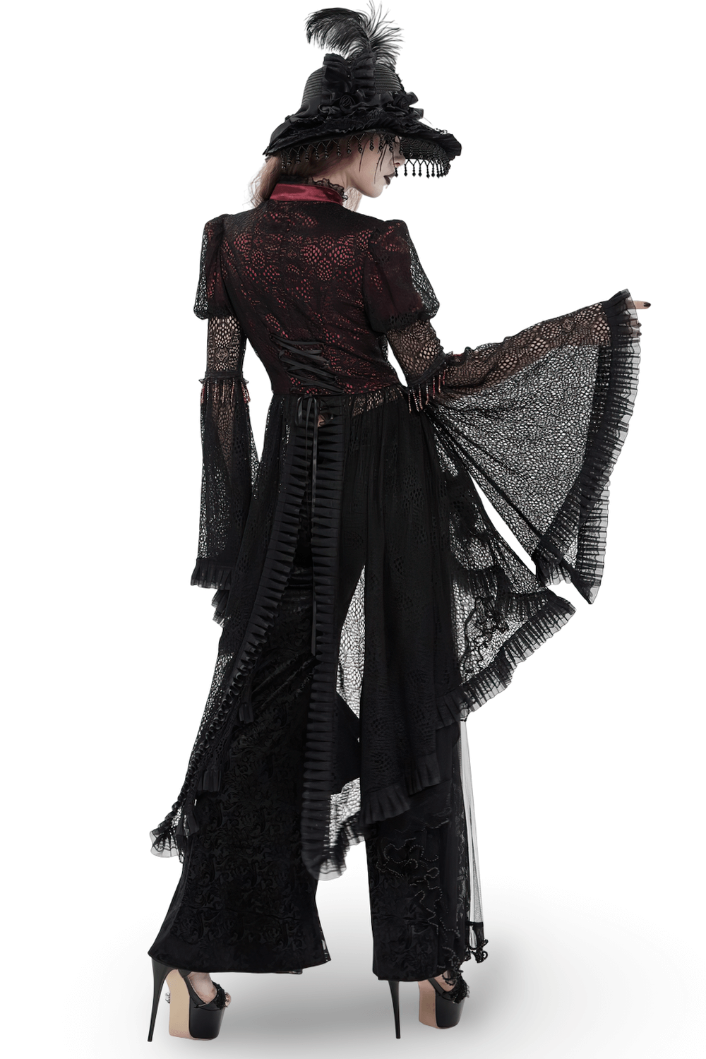 Victorian Lace Ruffled Gothic Cape with Corset Detail worn by a model from the back, showcasing its elegant ruffles and lace.