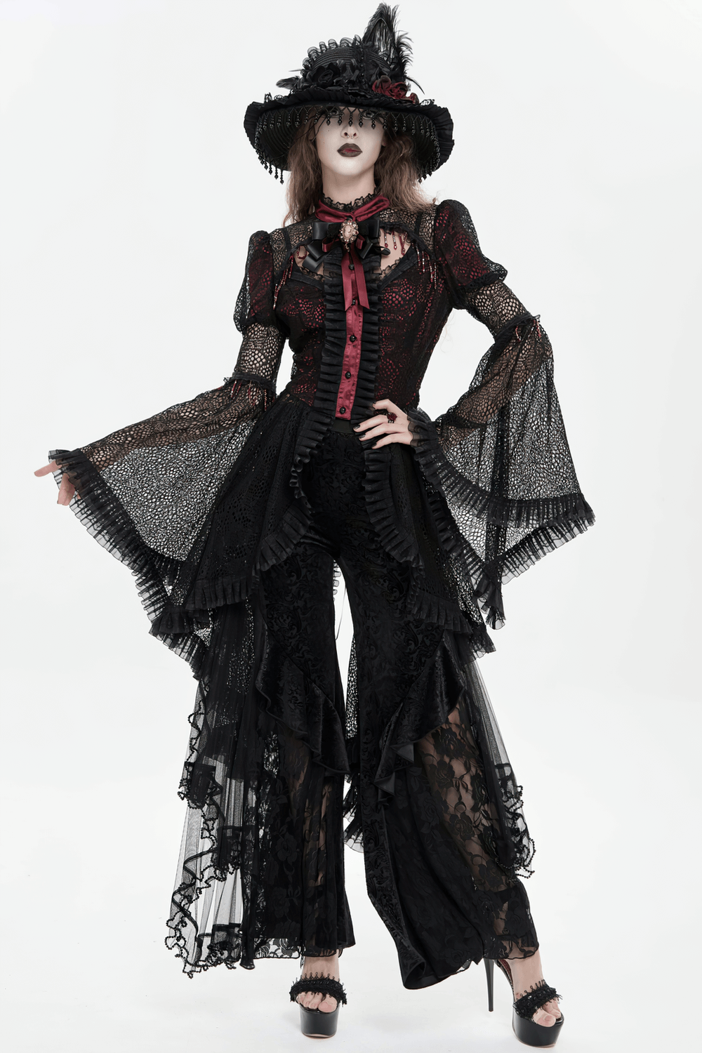 Victorian Lace Ruffled Gothic Cape with Corset Detail worn by model, showcasing intricate lace and ruffles.
