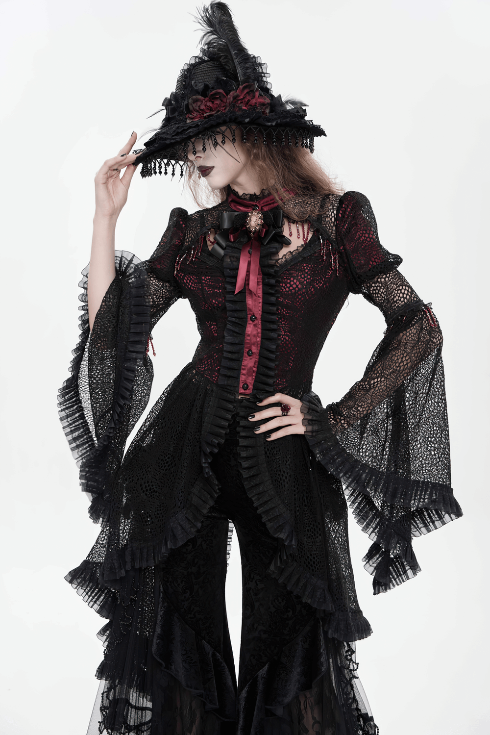 Victorian Lace Ruffled Gothic Cape with Corset Detail worn by a model in a dramatic black and red outfit.