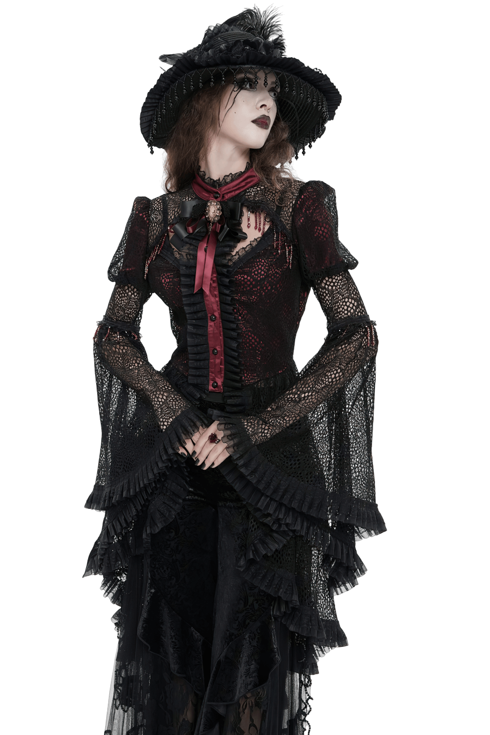 Victorian Lace Ruffled Gothic Cape with Corset Detail worn by a model in a stylish gothic outfit.