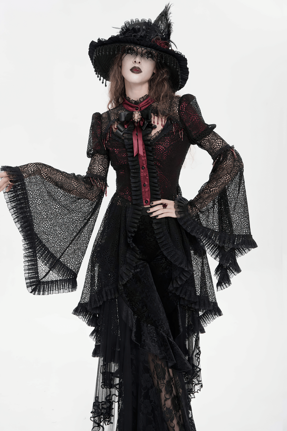 Victorian Lace Ruffled Gothic Cape with Corset Detail worn by model in elegant gothic attire.