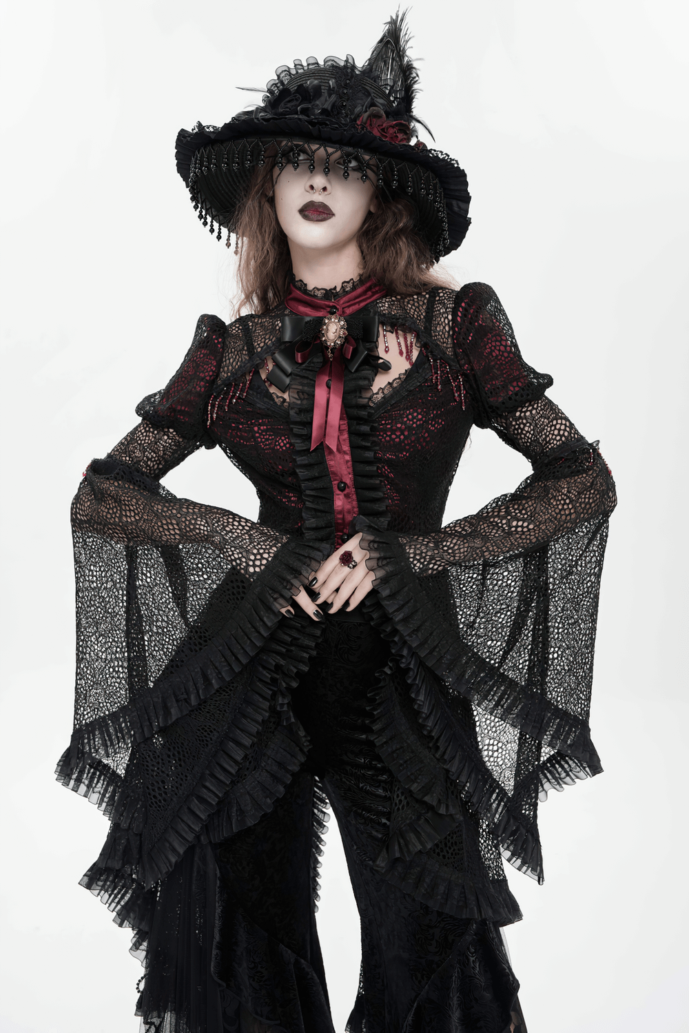 Victorian Lace Ruffled Gothic Cape with Corset Detail worn by a model, showcasing elegant ruffles and intricate lace.
