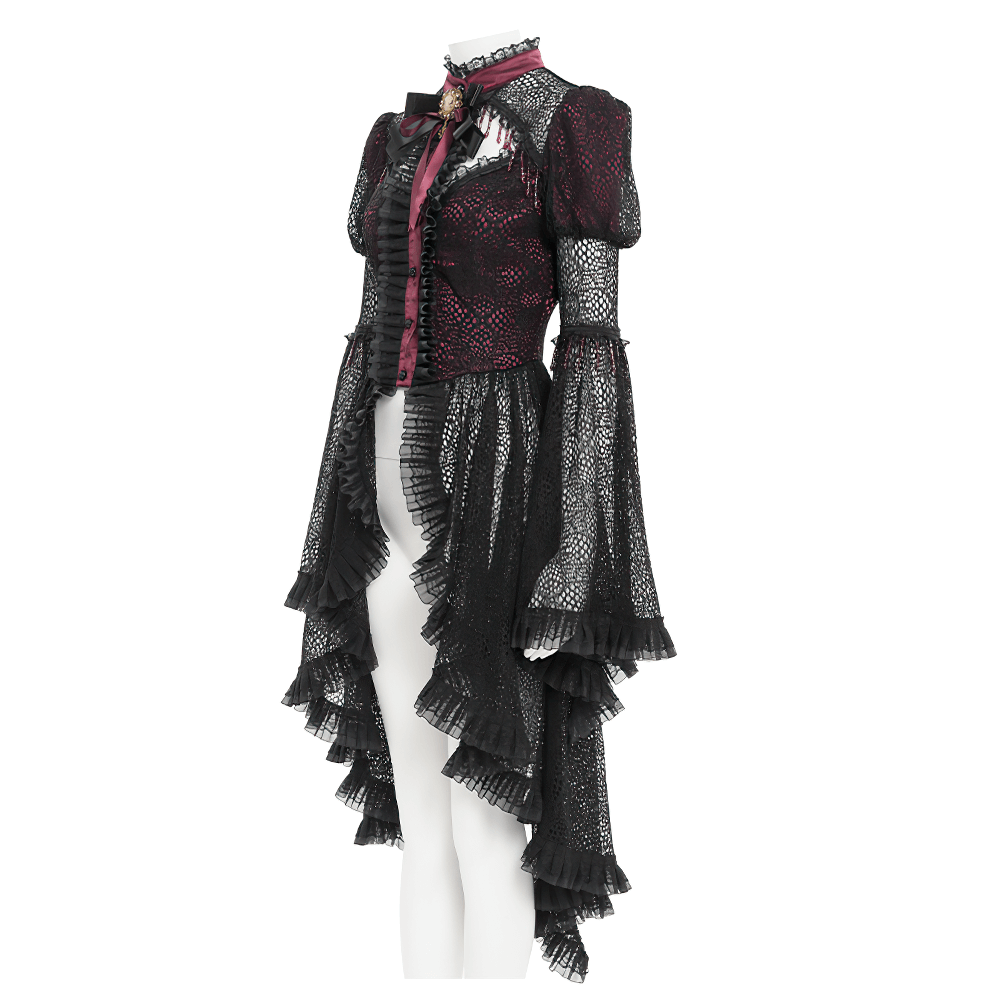 Victorian Lace Ruffled Gothic Cape with Corset Detail displayed on a mannequin, showcasing intricate ruffles and lace.