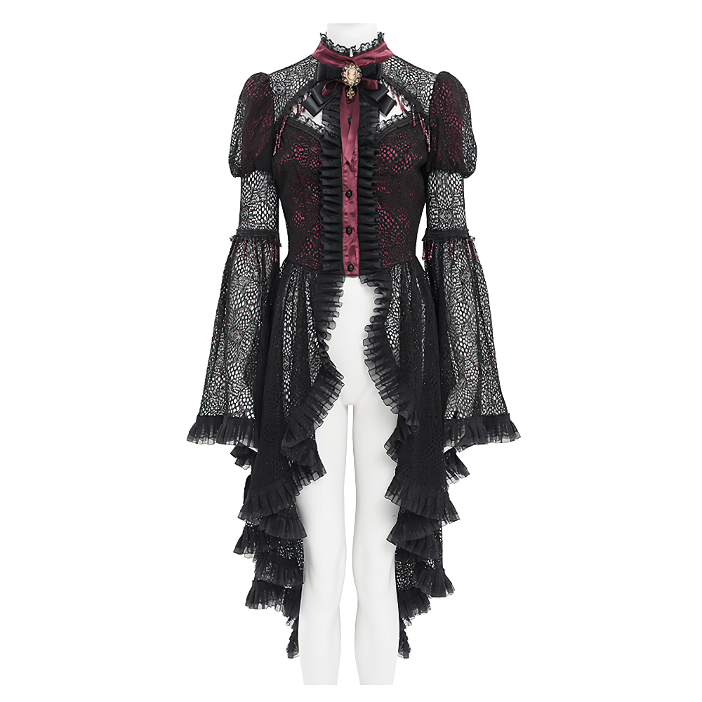 Victorian Lace Ruffled Gothic Cape with Corset Detail showcasing intricate lace ruffles and bell sleeves.