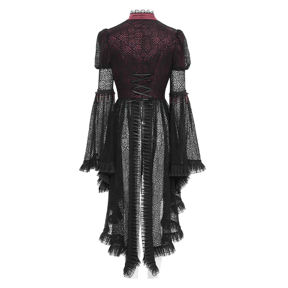 Victorian Lace Ruffled Gothic Cape with Corset Detail, showcasing intricate lace and ruffles in a striking design.
