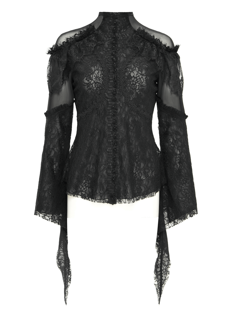 Victorian lace top with ruffle details, sheer panels, and button-down front for gothic fashion.