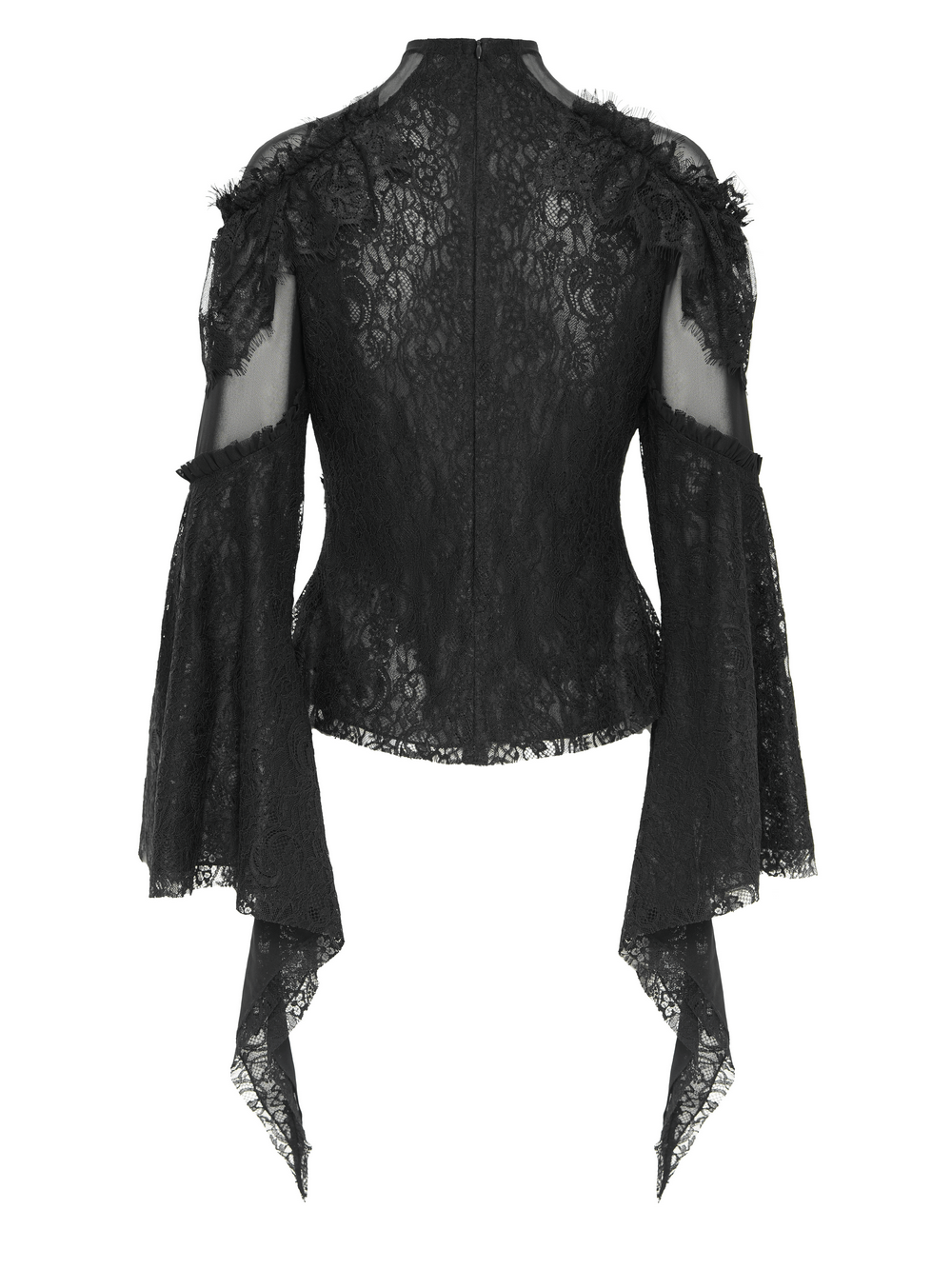 Back view of a Victorian lace top with ruffled sheer sleeves, high collar, and intricate lace design for gothic fashion.