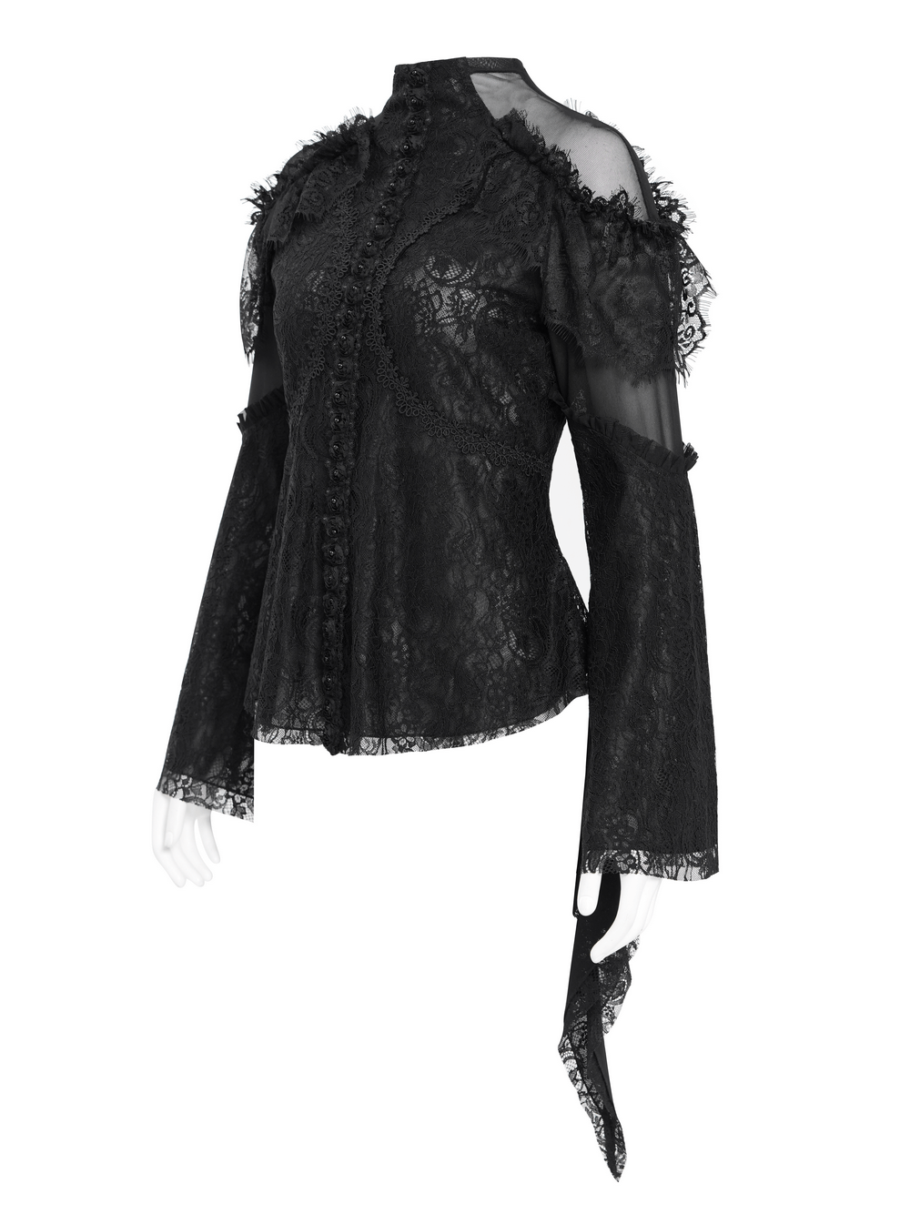 Elegant Victorian lace top with ruffled sleeves, sheer panels, and dramatic details for gothic fashion.