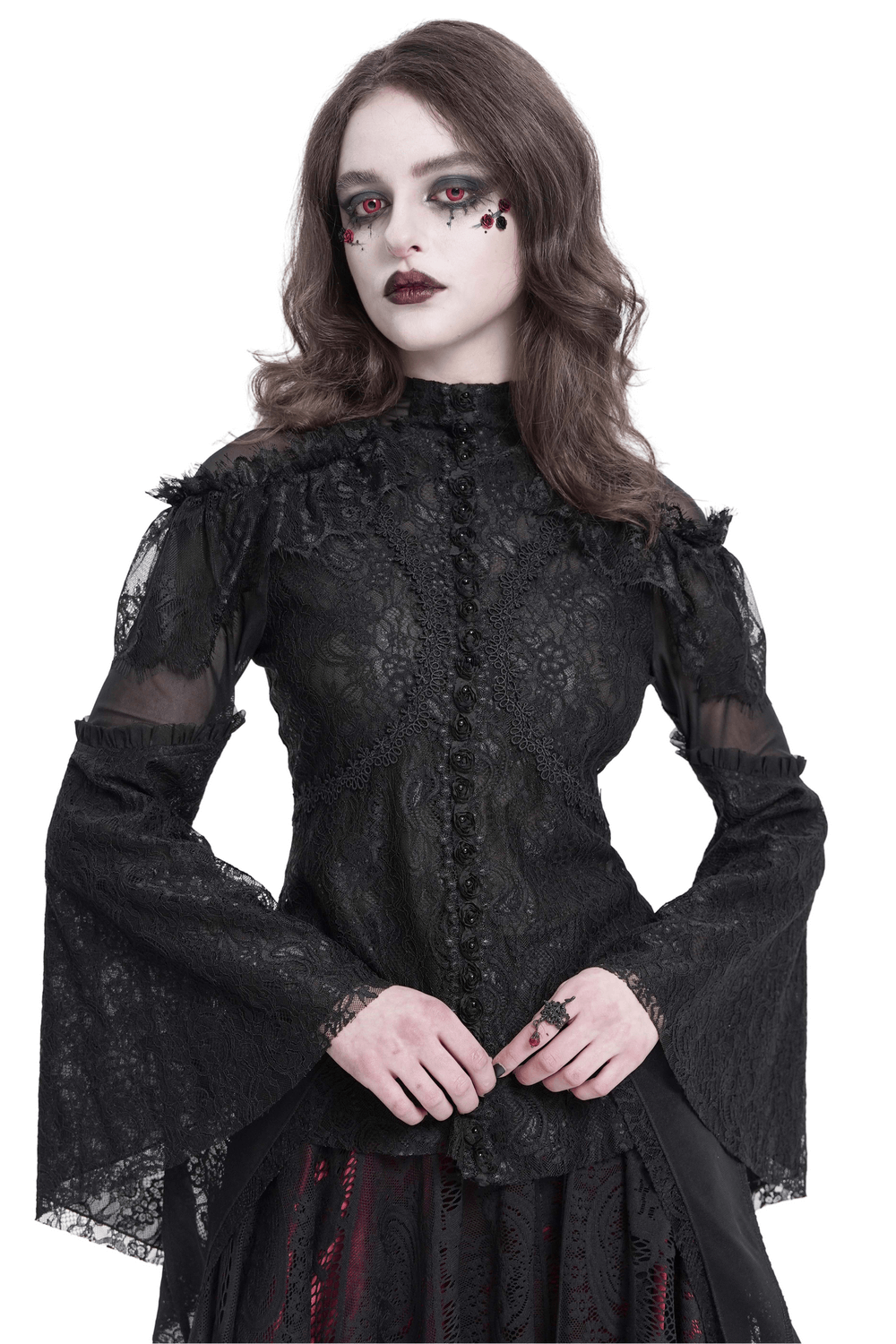 Victorian lace top with ruffled sleeves, high collar, and gothic details, perfect for alternative and punk fashion.