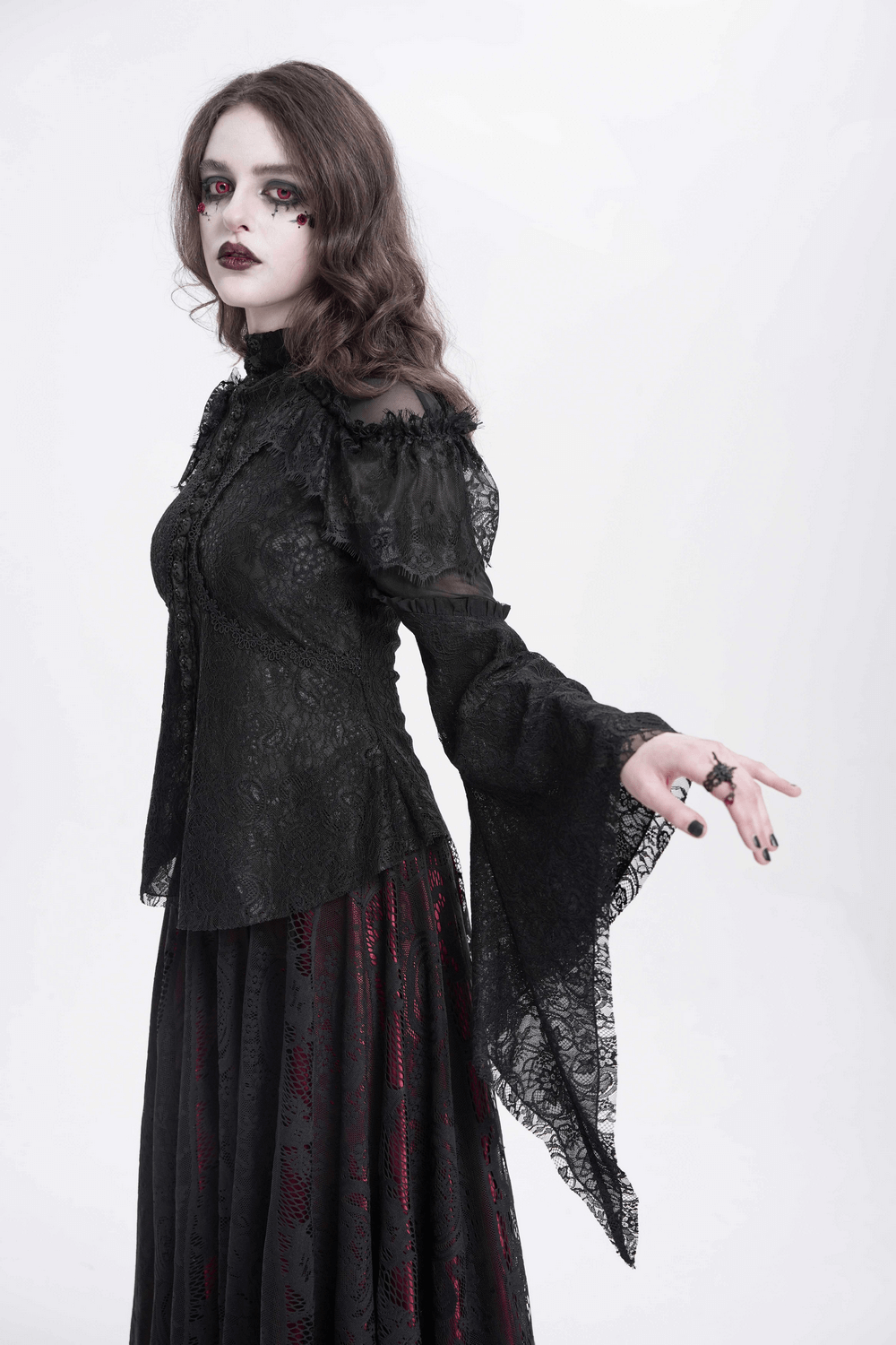 Victorian lace top with ruffle sleeves, sheer panels, elegant gothic style, perfect for alternative fashion.