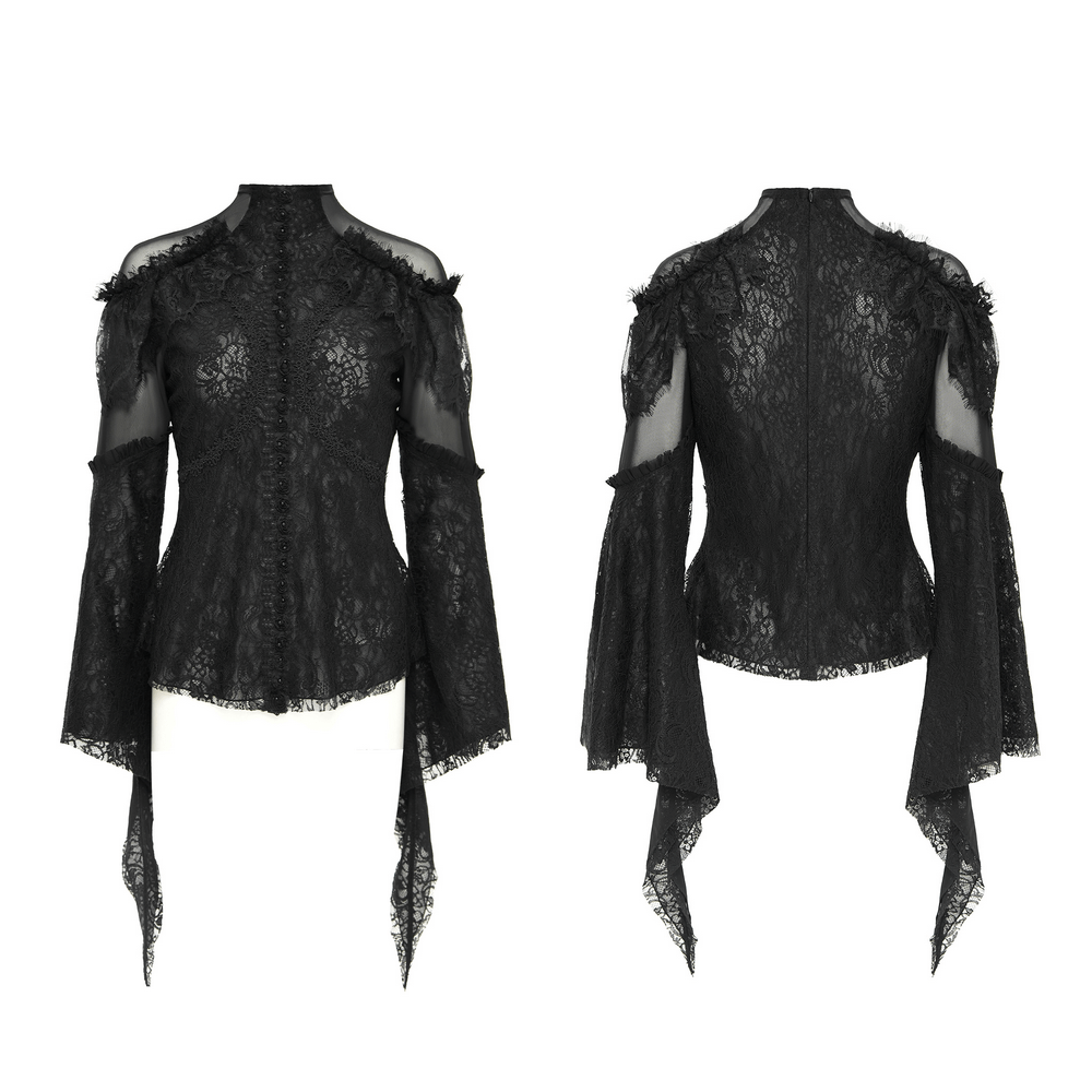 Victorian lace top featuring ruffled sleeves, sheer panels, and a fitted silhouette for gothic fashion.