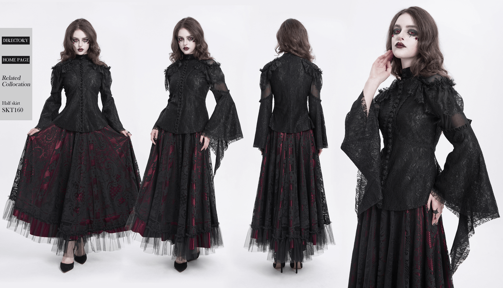 Gothic Victorian lace blouse with ruffled sleeves and sheer panels showcased in a stylish black and red ensemble.