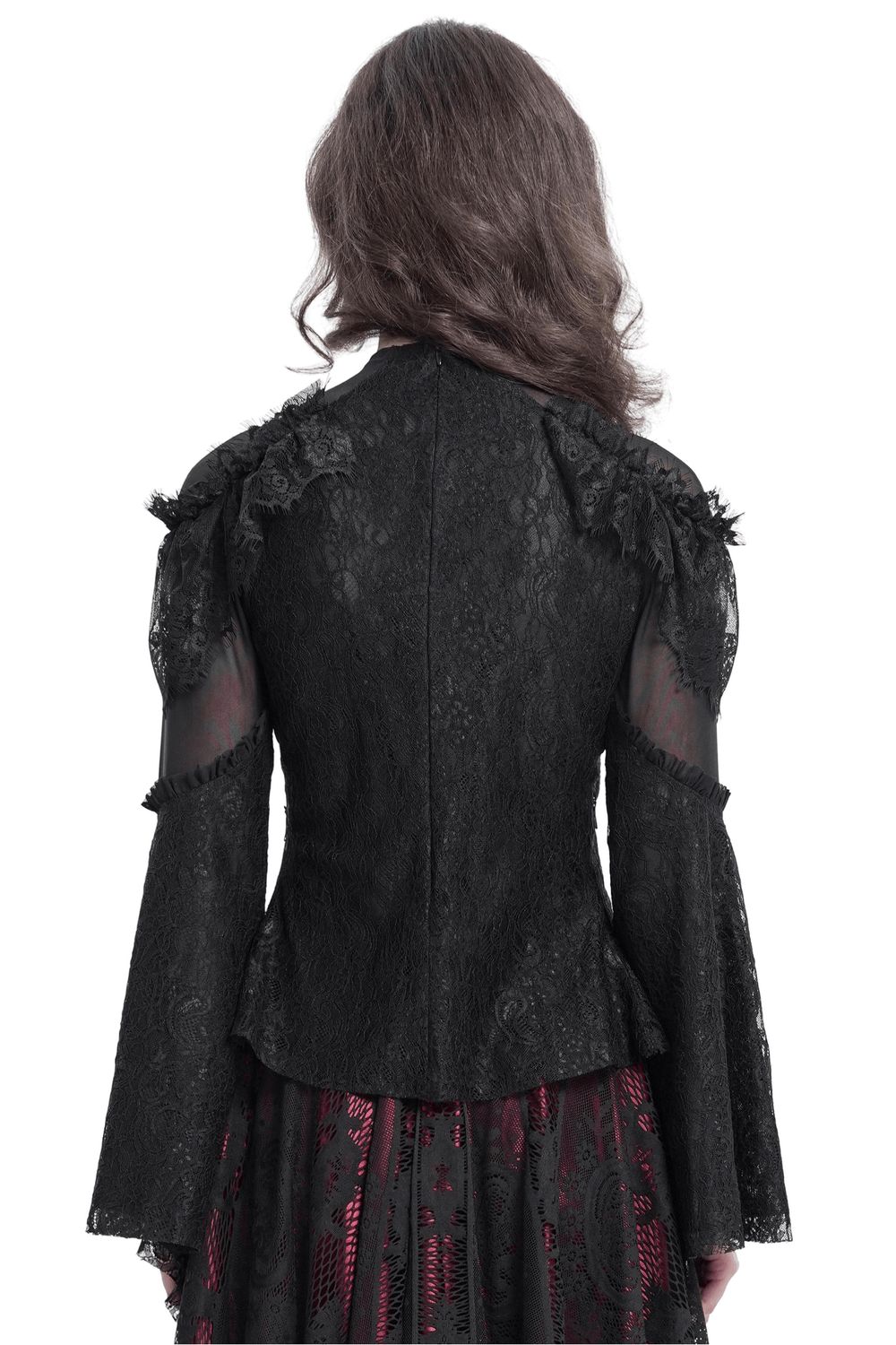 Back view of a Victorian lace top with ruffled sleeves and sheer panels, showcasing its elegant goth design.