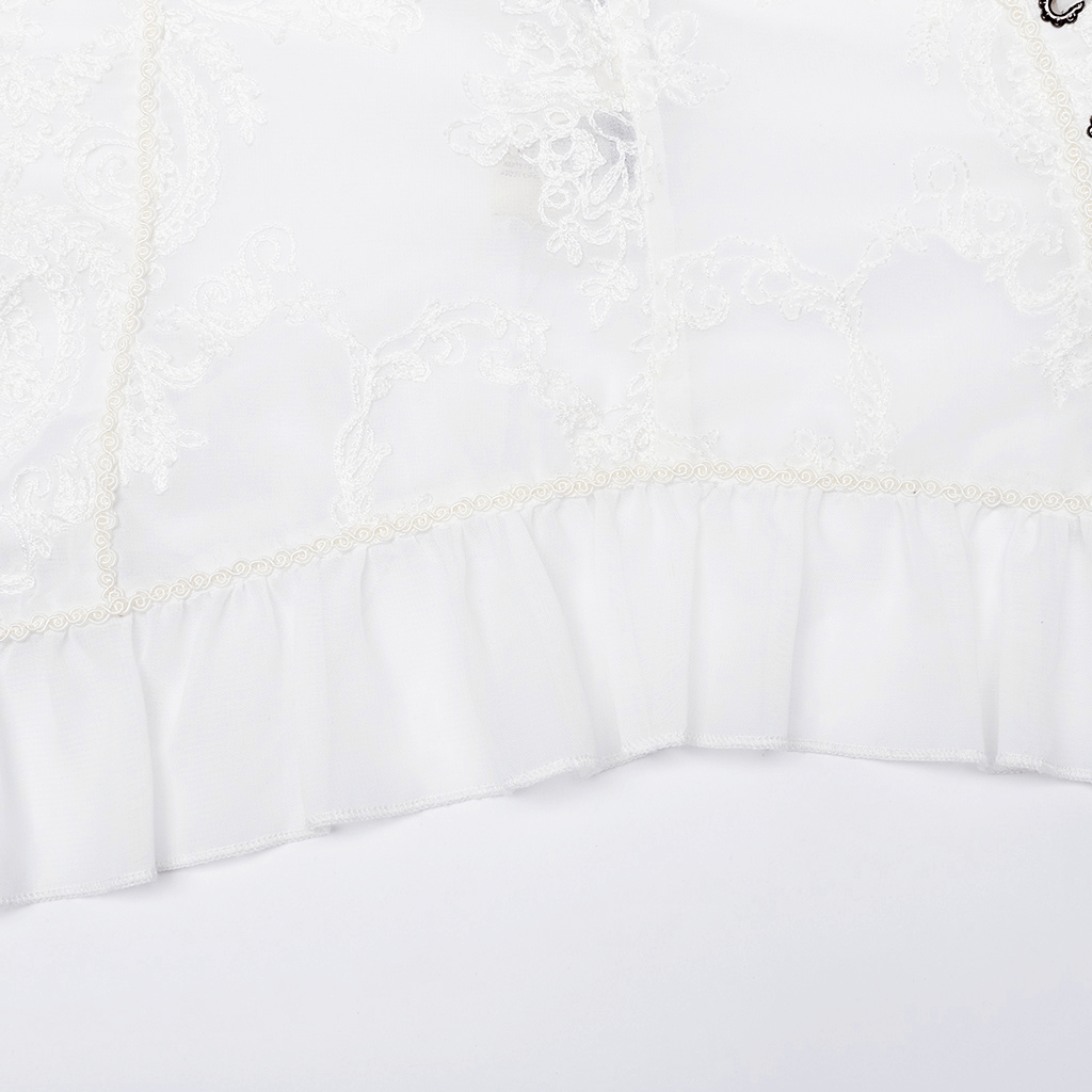 Close-up of elegant Gothic chiffon blouse with intricate lace embroidery and ruffle detailing.