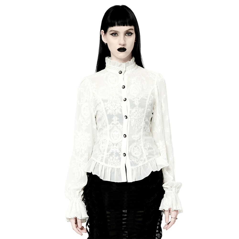 Victorian lace-up back blouse featuring gothic chiffon and intricate embroidery, perfect for a touch of vintage elegance.