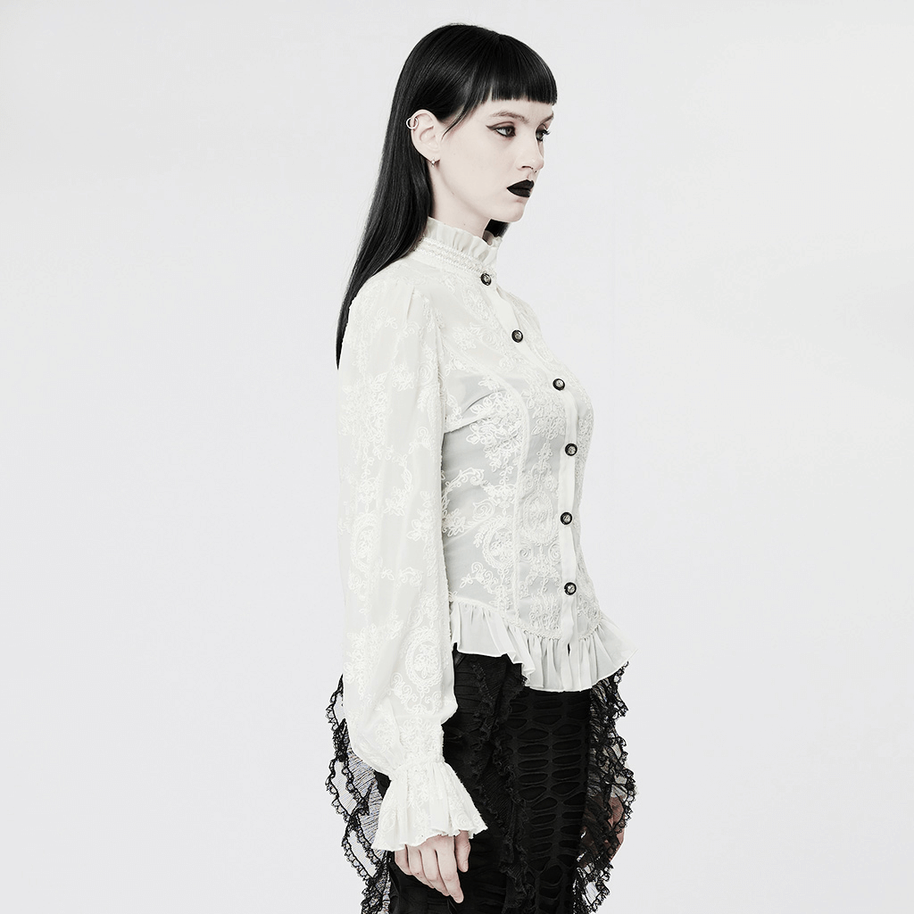 Victorian lace-up blouse with button details and dramatic sleeves, showcasing gothic elegance and vintage glamour.
