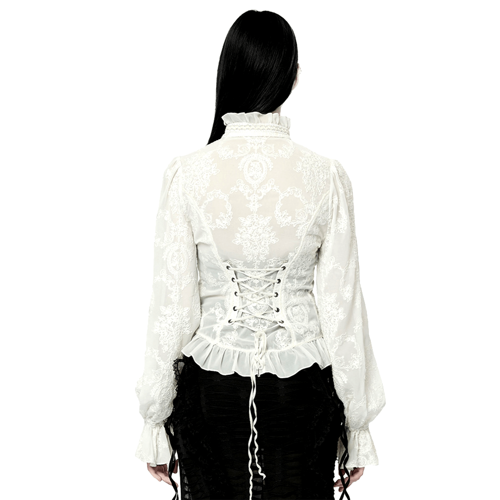 Back view of a Victorian lace-up blouse with intricate embroidery and dramatic flare sleeves.