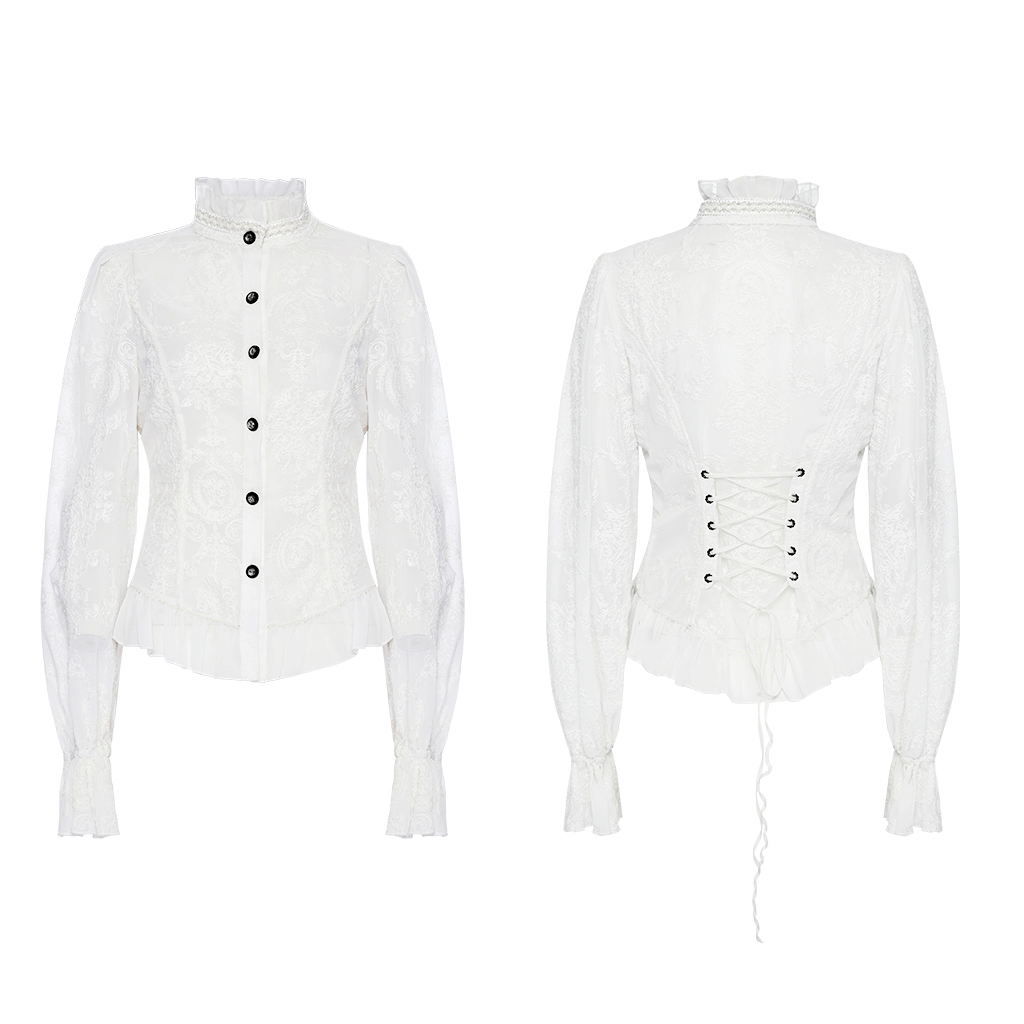 Victorian lace-up back blouse in white, featuring embroidered detailing, dramatic flare sleeves, and vintage button accents.