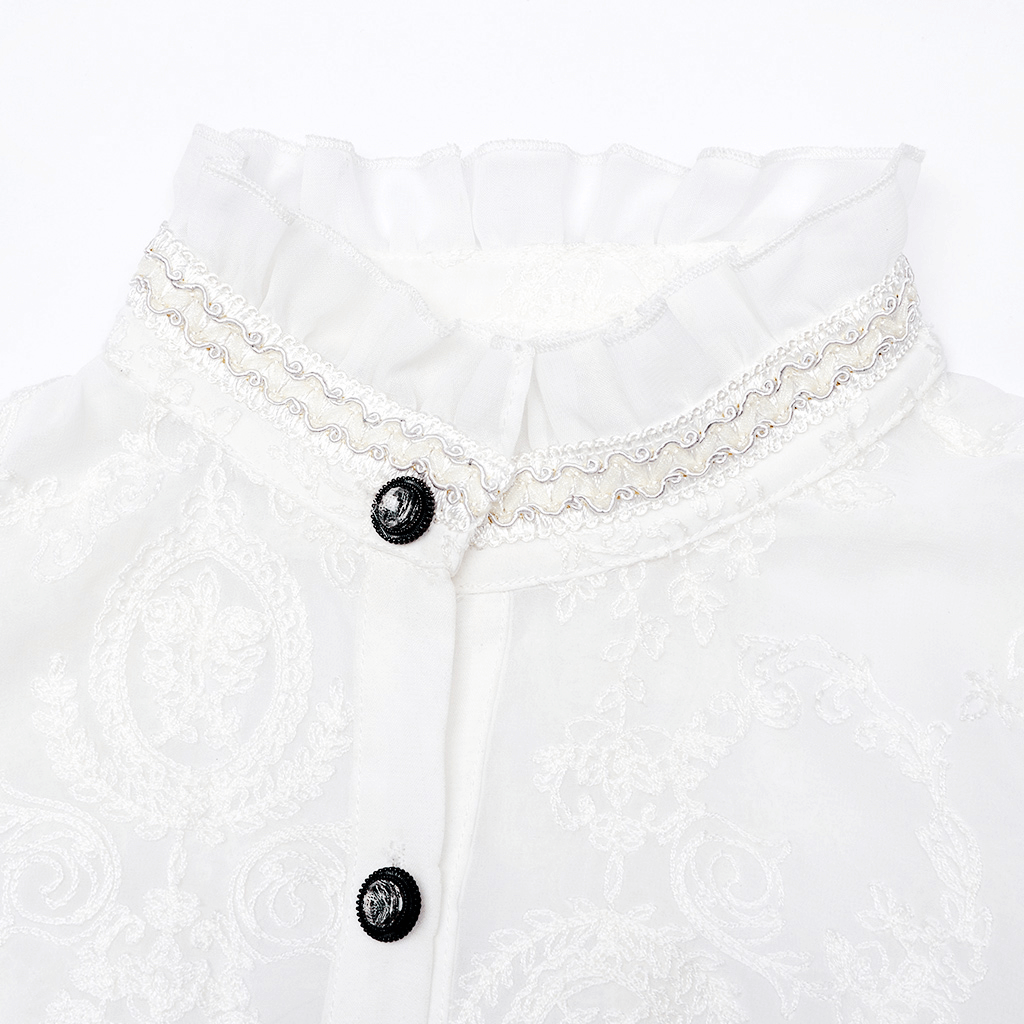 Close-up of a Victorian lace-up blouse collar with embroidered detail and black buttons, showcasing gothic elegance.