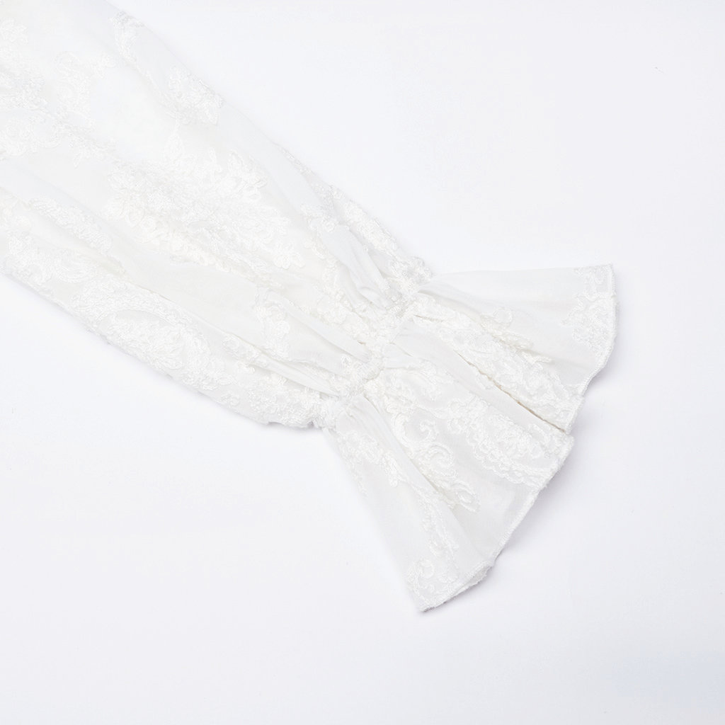 Victorian lace-up sleeve detail on a Gothic embroidered blouse, showcasing exquisite lace and elegant ruffle design.