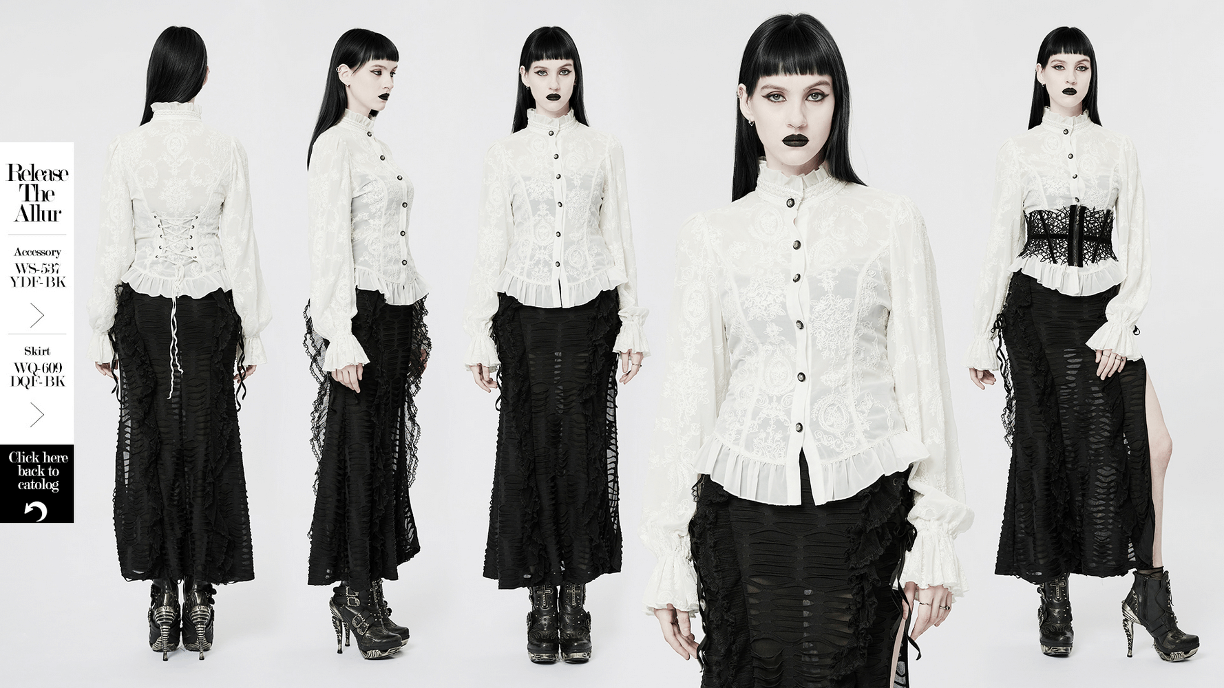 Victorian lace-up back blouse featuring chiffon embroidery, dramatic sleeves, and vintage crystal buttons.