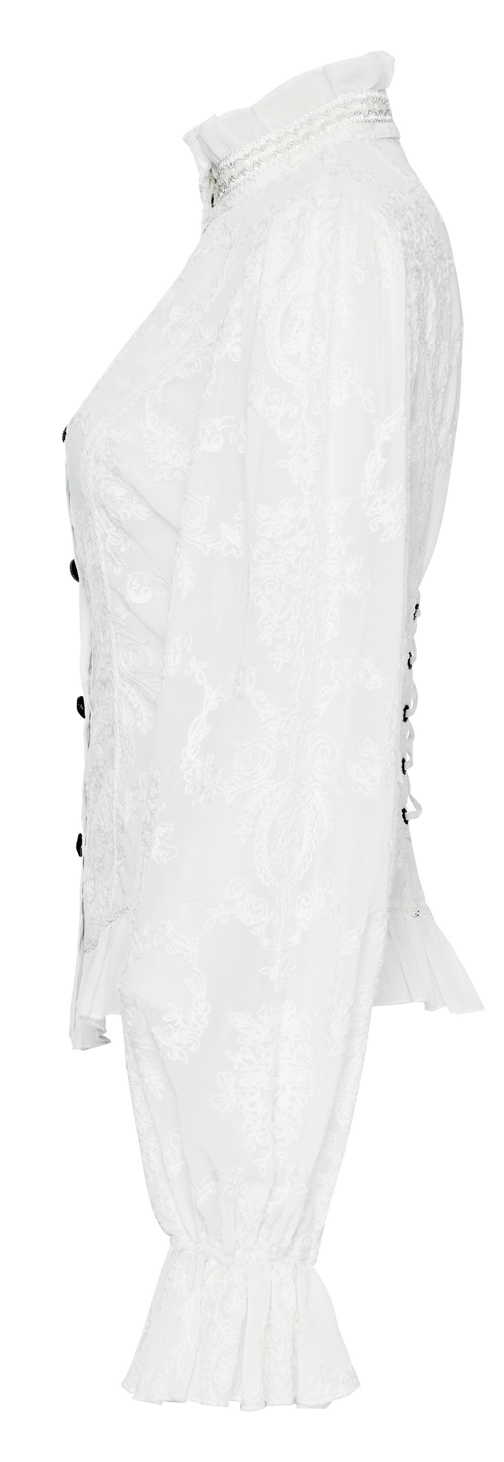 Victorian lace-up back blouse in white with embroidered details and dramatic flare sleeves for Gothic elegance.