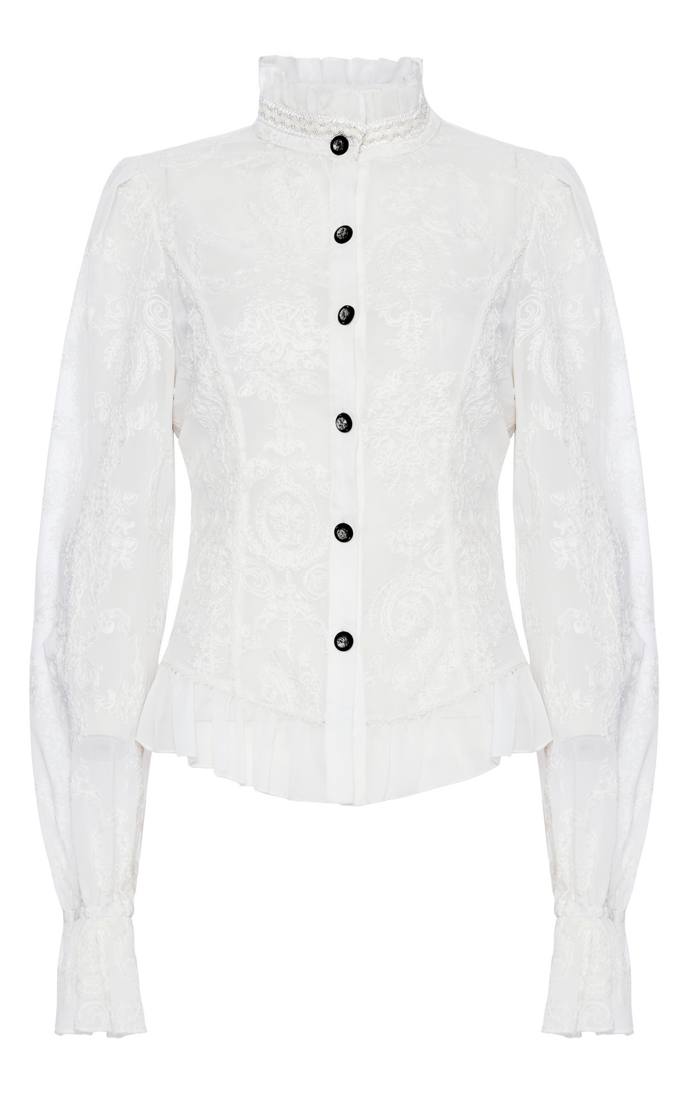 Victorian lace-up back blouse in white with embroidered detail and black buttons, perfect for gothic elegance.