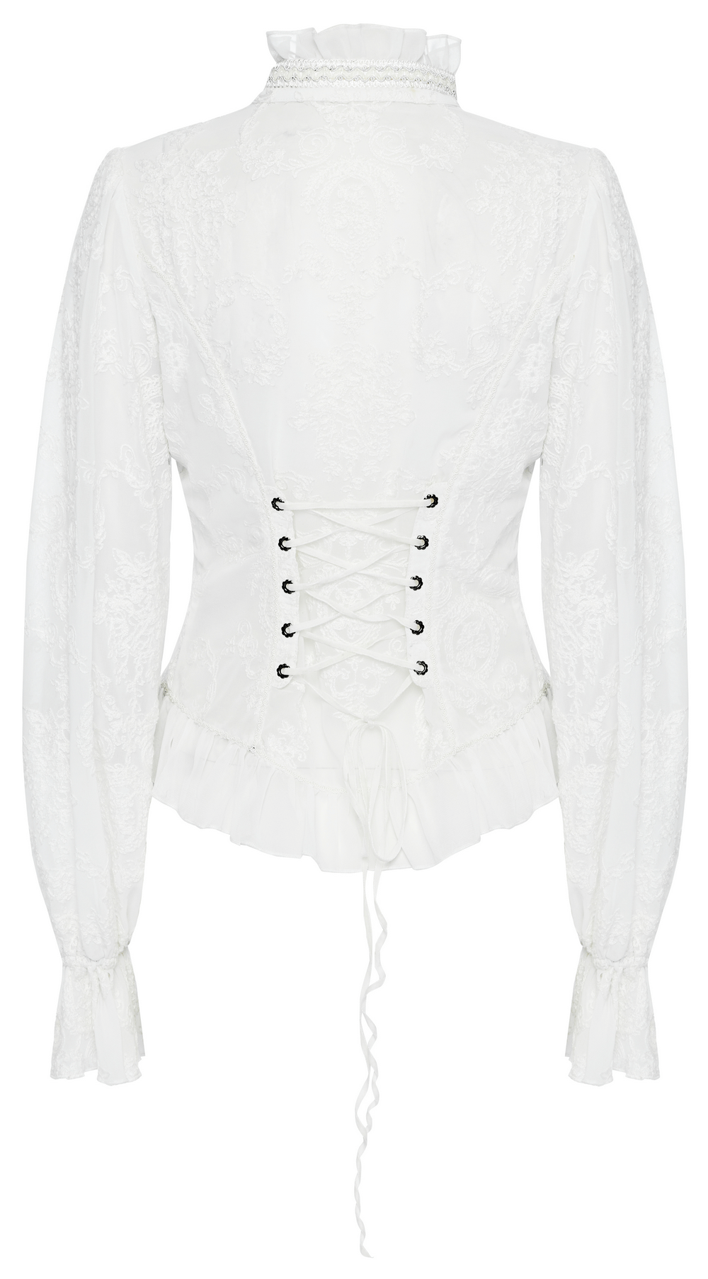Victorian lace-up back blouse with ruffle collar and elegant white chiffon fabric, showcasing gothic elegance.