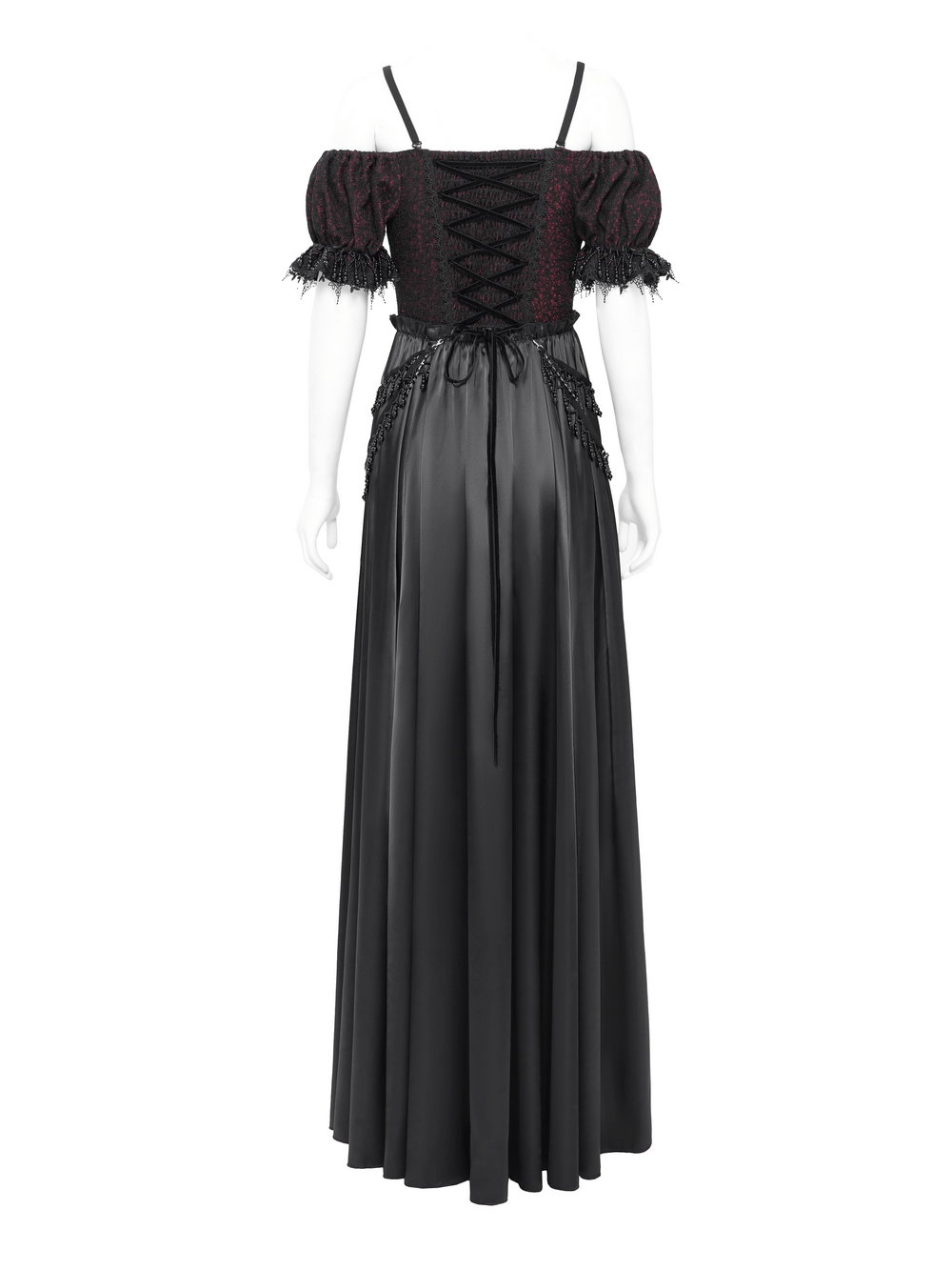 Back view of Victorian Lace-Up Dress in black and burgundy with ruffles and beaded detailing.