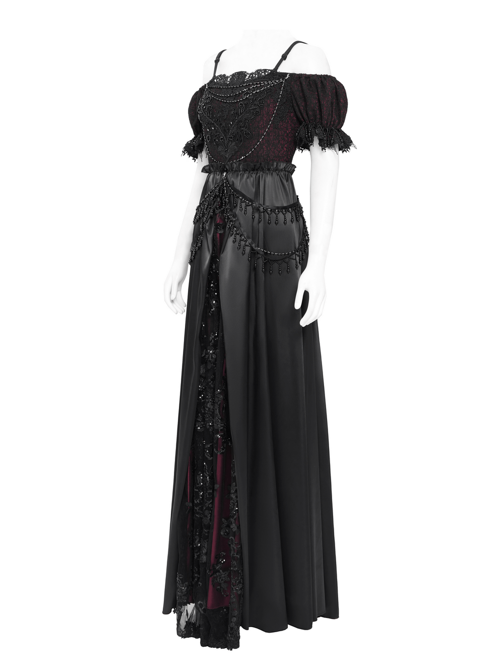 Victorian Lace-Up Dress with beaded detail, ruffles, and a black and burgundy color scheme.