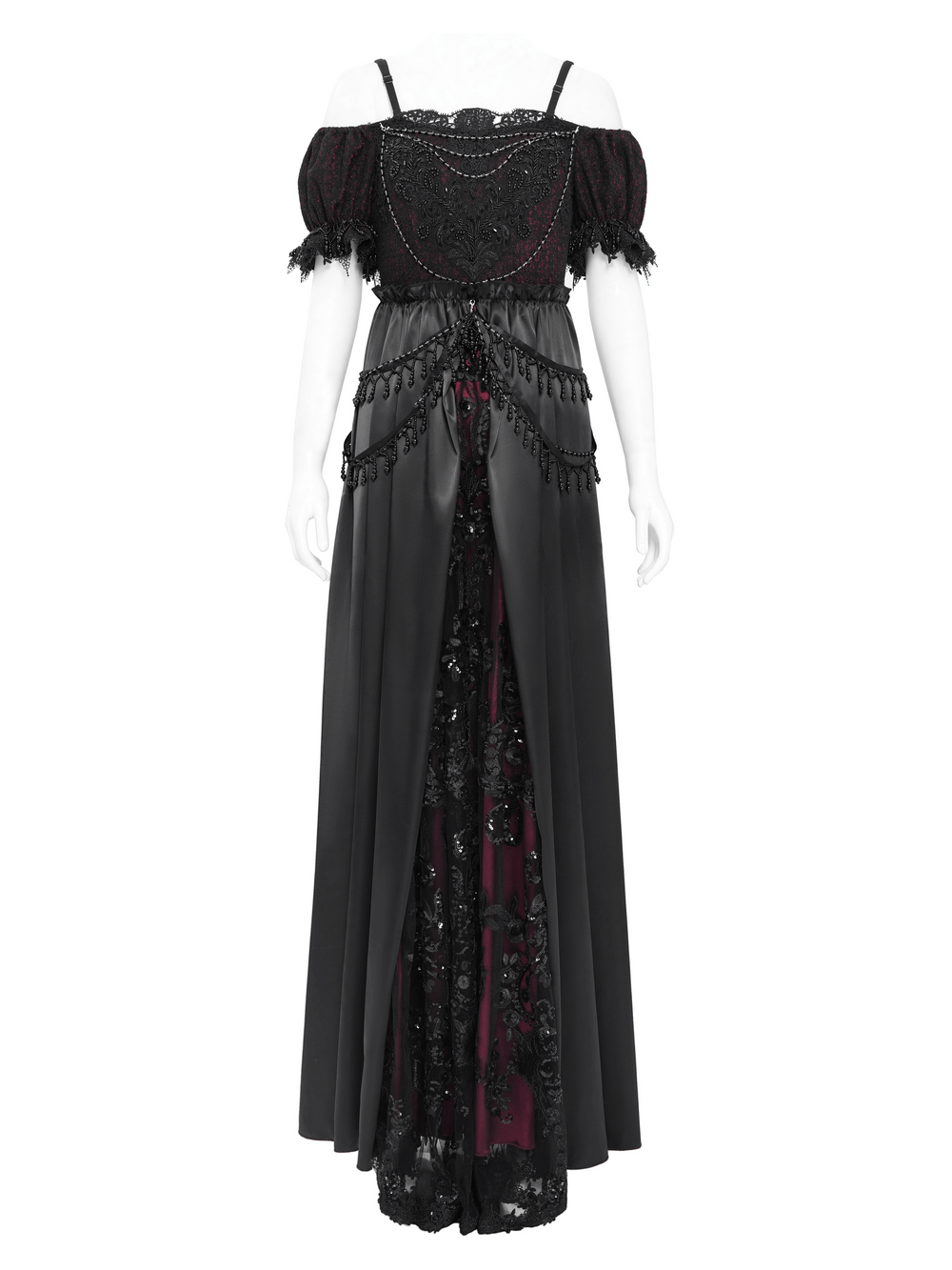 Elegant Victorian lace-up dress with beading, ruffles, and black-burgundy color scheme.