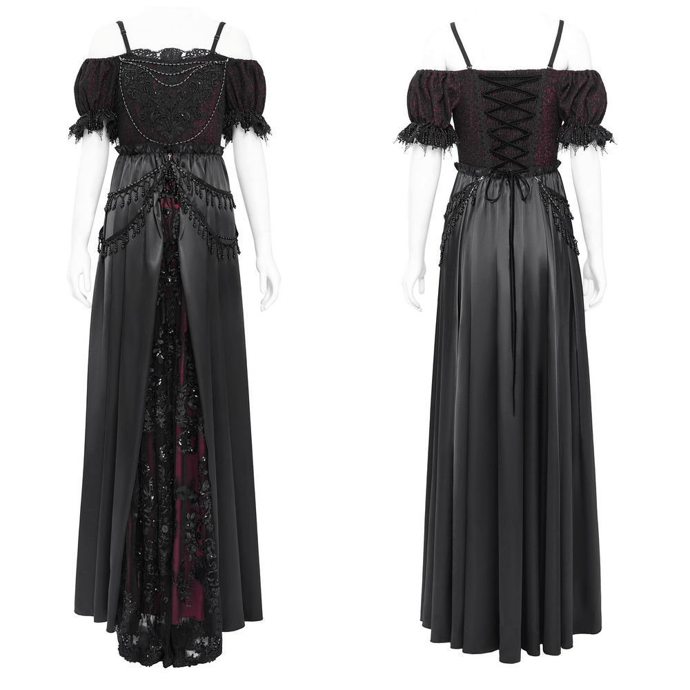 Victorian lace-up dress featuring black and burgundy fabric, ruffles, and intricate beaded details.