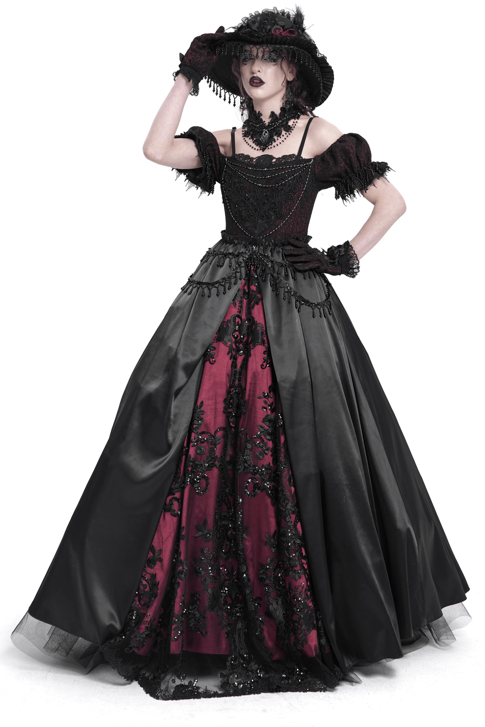 Victorian lace-up black and burgundy dress with beaded details and ruffles for gothic elegance.