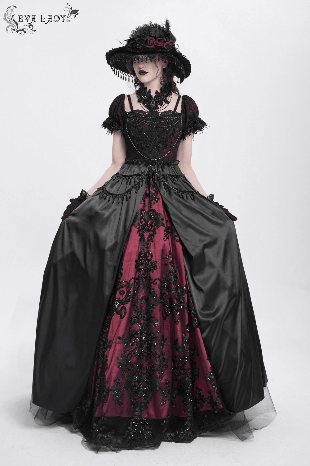 Victorian lace-up dress in black and burgundy with beaded detail and ruffles, perfect for gothic events.