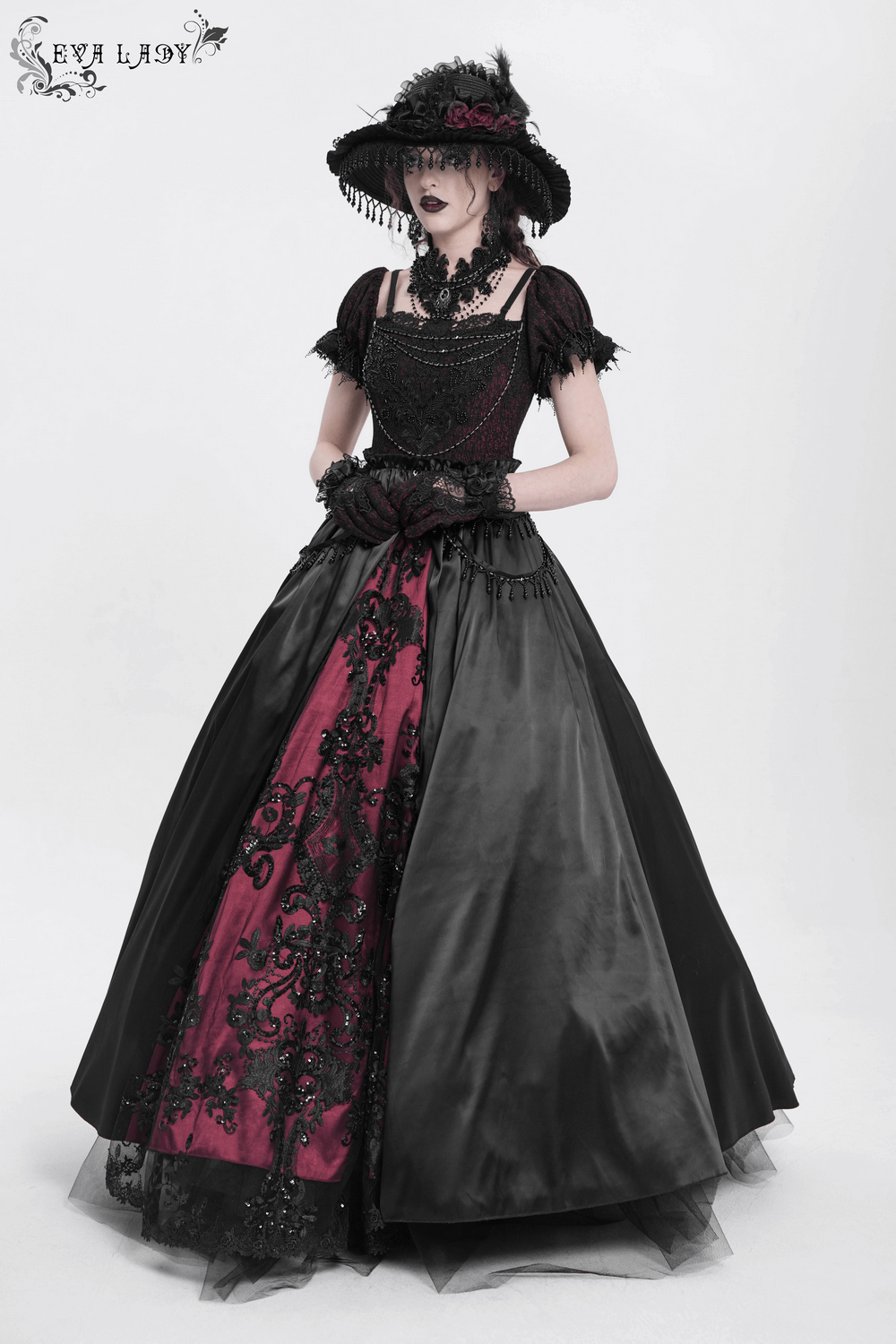 Victorian lace-up dress in black and burgundy, featuring ruffles and beaded detail for a gothic elegance.